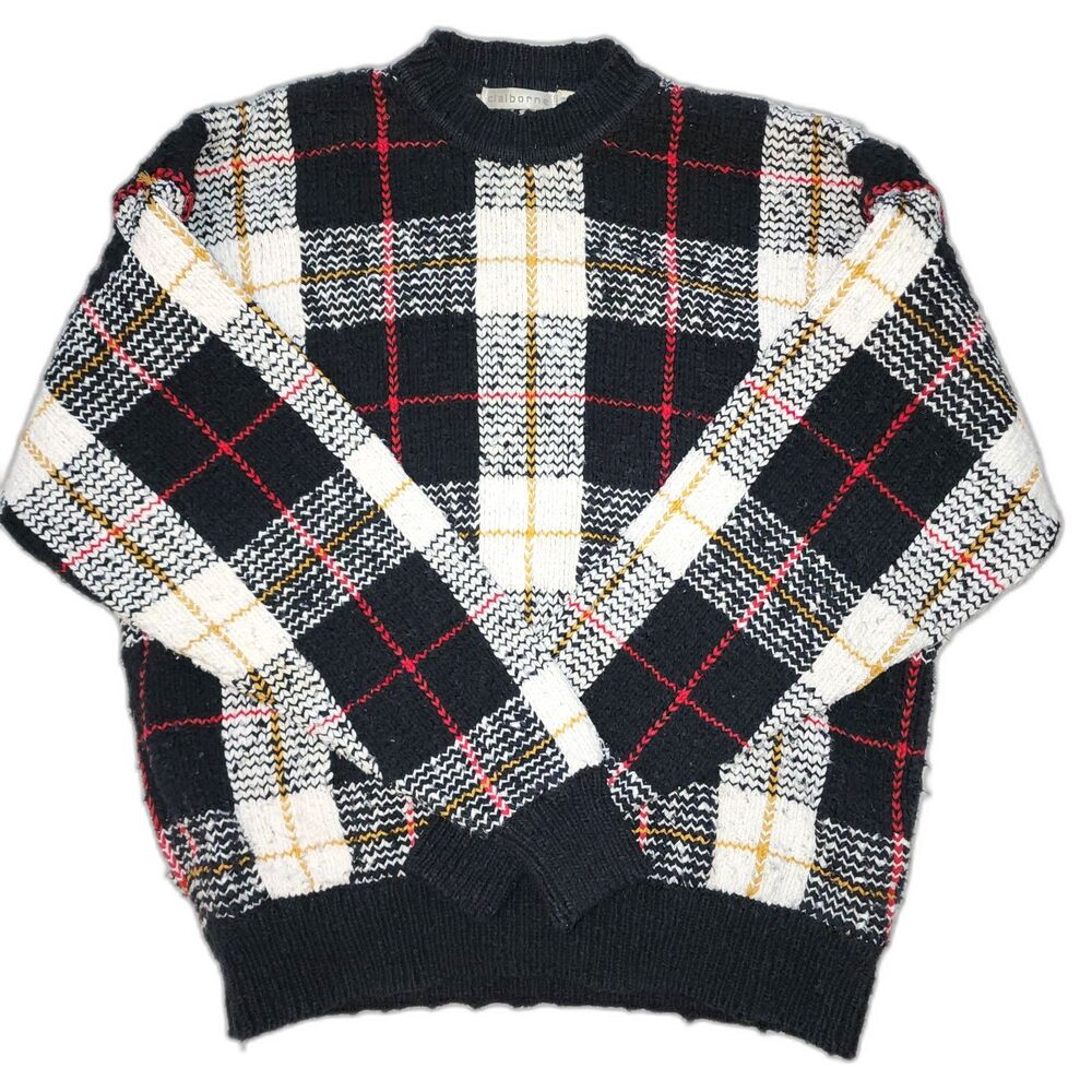 Vintage Claiborne Plaid 100% Cotton Oversized Chunky Grandpa Sweater Size M